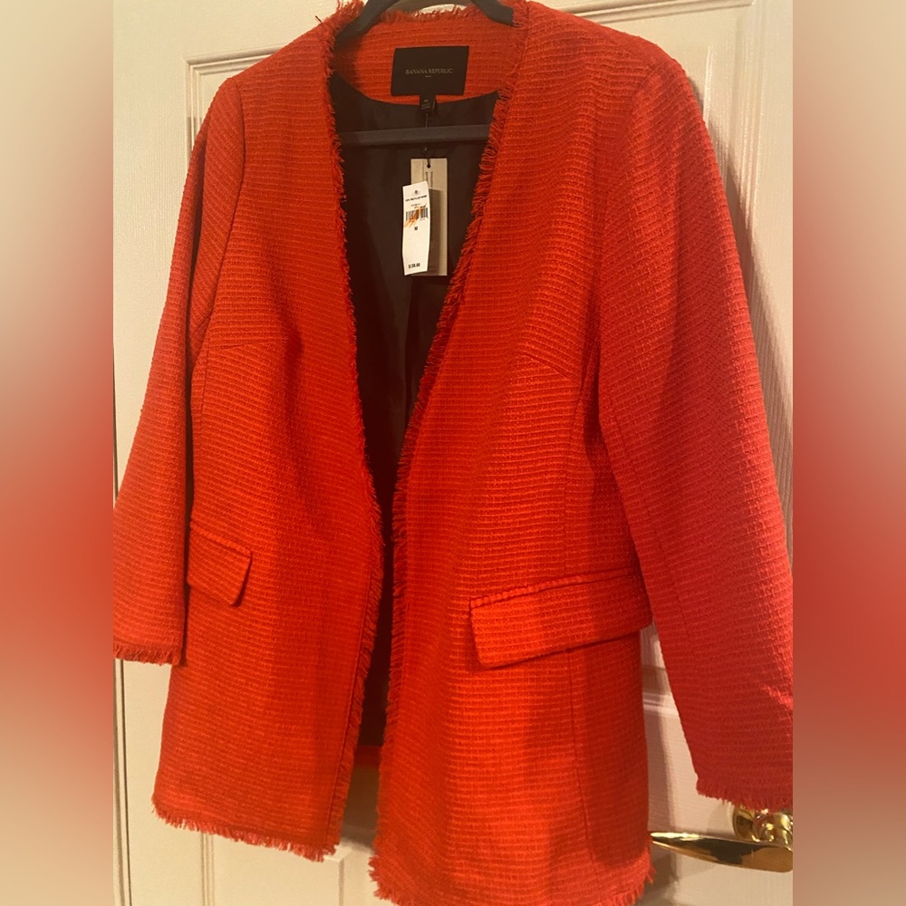 🧥 NWT-BANANA REPUBLIC Red-Orange Boucle Lined Blazer / Size M